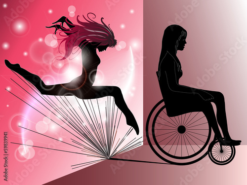 Sad Woman in wheelchair with Jumping girl's shadow