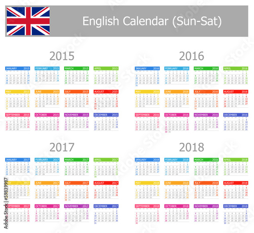 2015-2018 Type-1 English Calendar Sun-Sat