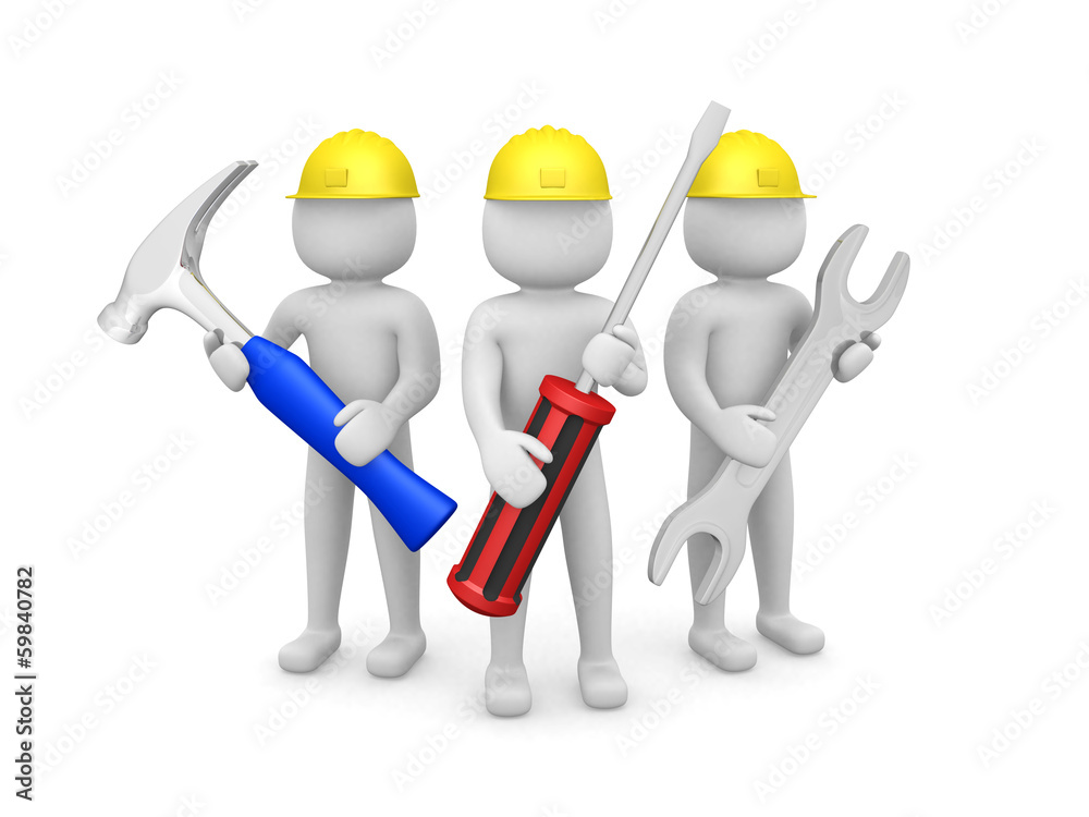 Three 3d man - people with the tools in the hands of. 3d image Three 3d man - people with the tools in the hands of. 3d image