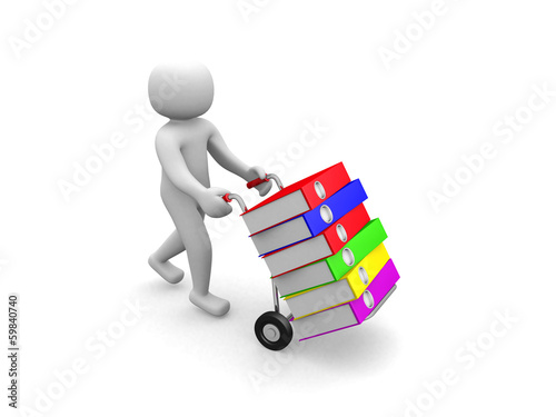 3D man -nworker pushing a hand truck with files photo