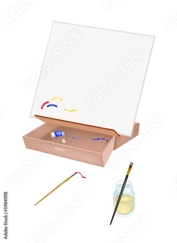 Easel with Artist Brushes and Paint Tubes