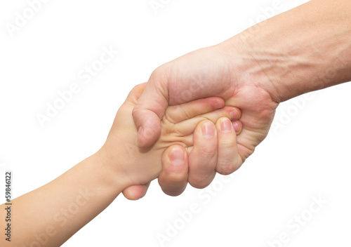 hands of father and son on a white background