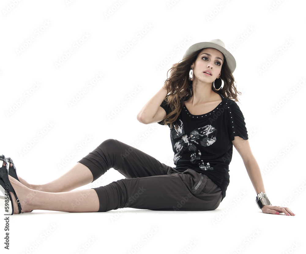 beautiful young woman in hat sitting floor beautiful young woman in hat sitting floor