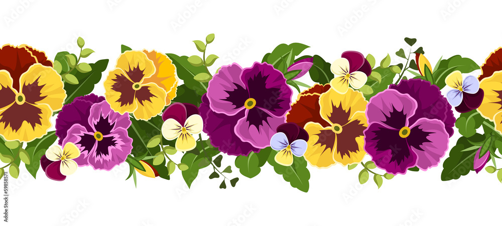 Fotografija Horizontal seamless background with pansy flowers. Vector.