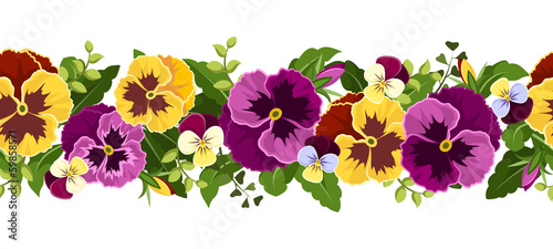 Fototapeta Naklejka Na Ścianę i Meble -  Horizontal seamless background with pansy flowers. Vector.