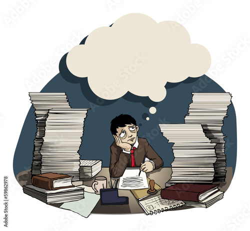 Man with piles of work, tired, late at night