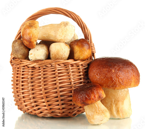 Fresh mushrooms in basket isolated on white