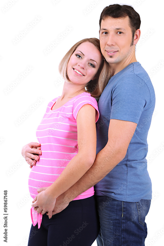 Young pregnant woman with her husband isolated on white Young pregnant woman with her husband isolated on white