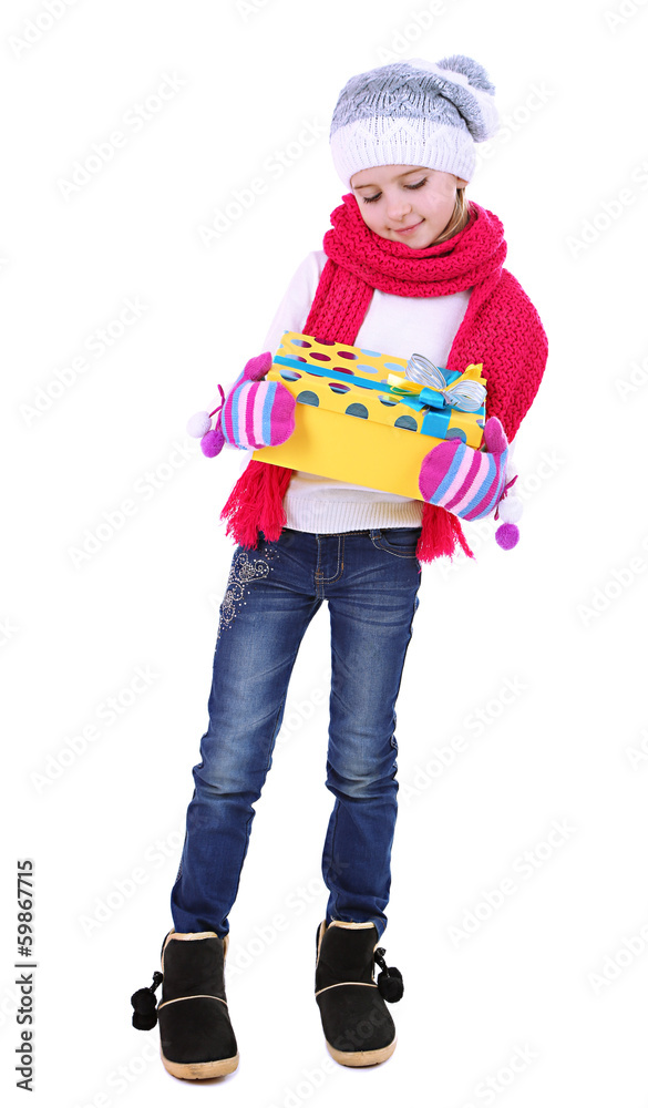 Beautiful little girl holding present box isolated on white Beautiful little girl holding present box isolated on white