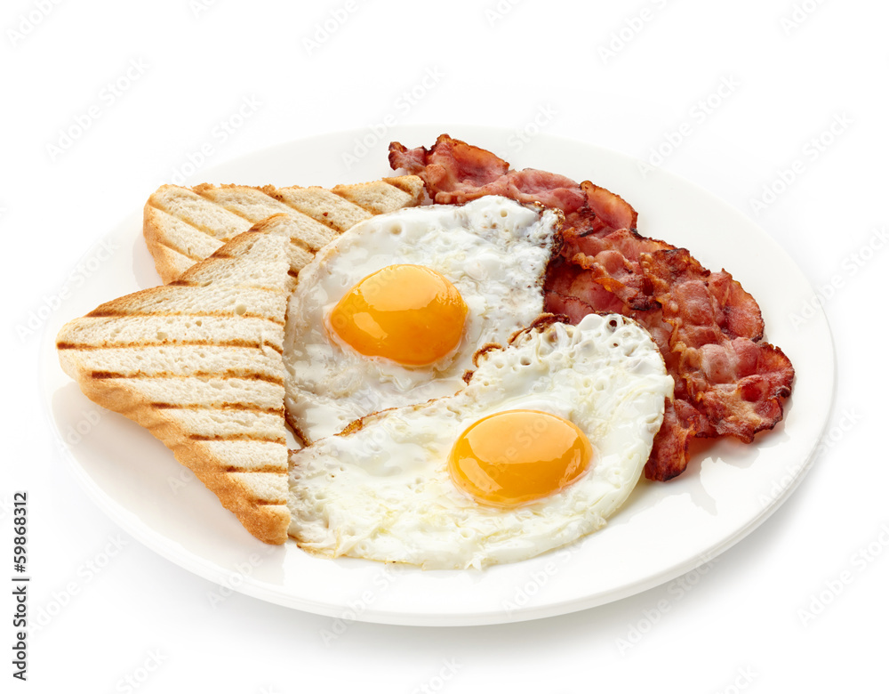 Breakfast with fried eggs, bacon and toasts - obrazy, fototapety, plakaty 