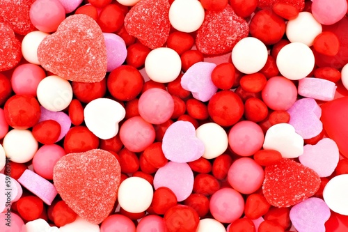 Valentines Day background of red, pink and white candies