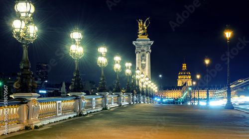 Pont Alexandre III in Paris, France. View of Alexander bridge at night.