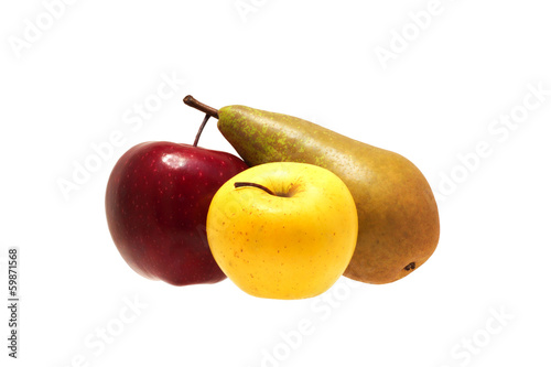 Pear and two apples, red and yellow.