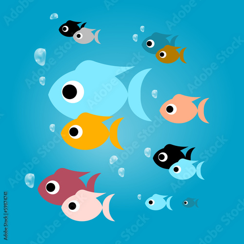 Vector Colorful Fish with Bubbles in Blue Water