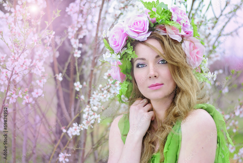 beautiful girl in the flowered garden peach beautiful girl in the flowered garden peach