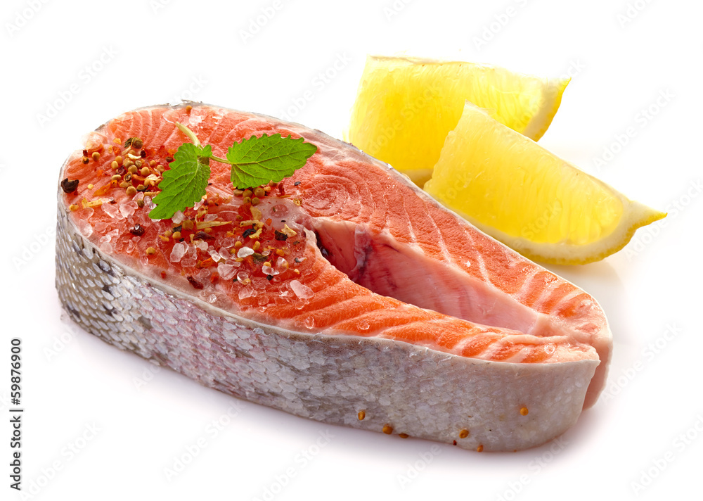 fresh raw salmon steak slices