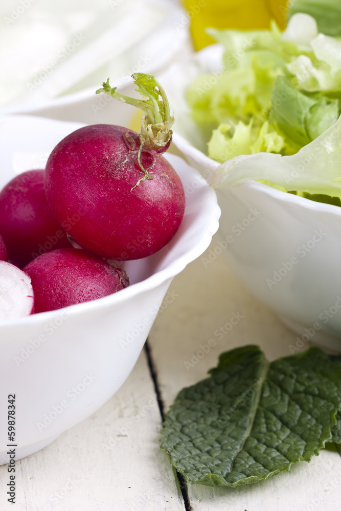 fresh and ripe radishes in the foreground with plant foods fresh and ripe radishes in the foreground with plant foods