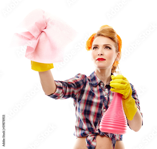 Sexy housewife holding a piece of cloth and a spray