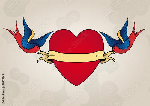 Tattoo style swallows with heart, old school