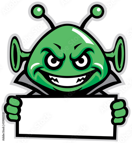 martian green mascot hold a sign