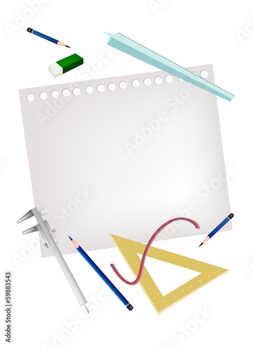 Pencil and Caliper with Rulers and Eraser on Blank Page
