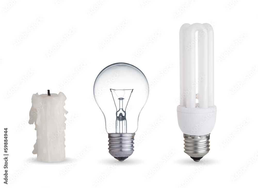 Candle, tungsten light bulb and fluorescent bulb.Isolated on whi Candle, tungsten light bulb and fluorescent bulb.Isolated on whi