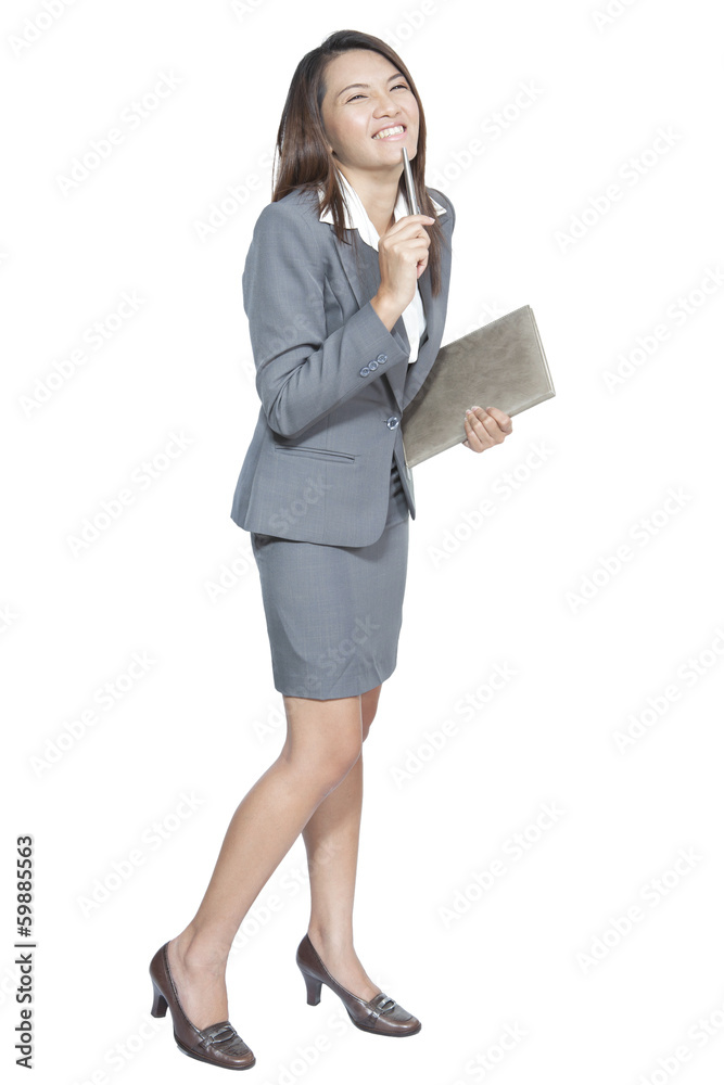 Asian business woman attractive gesture holding a pen and diary Asian business woman attractive gesture holding a pen and diary