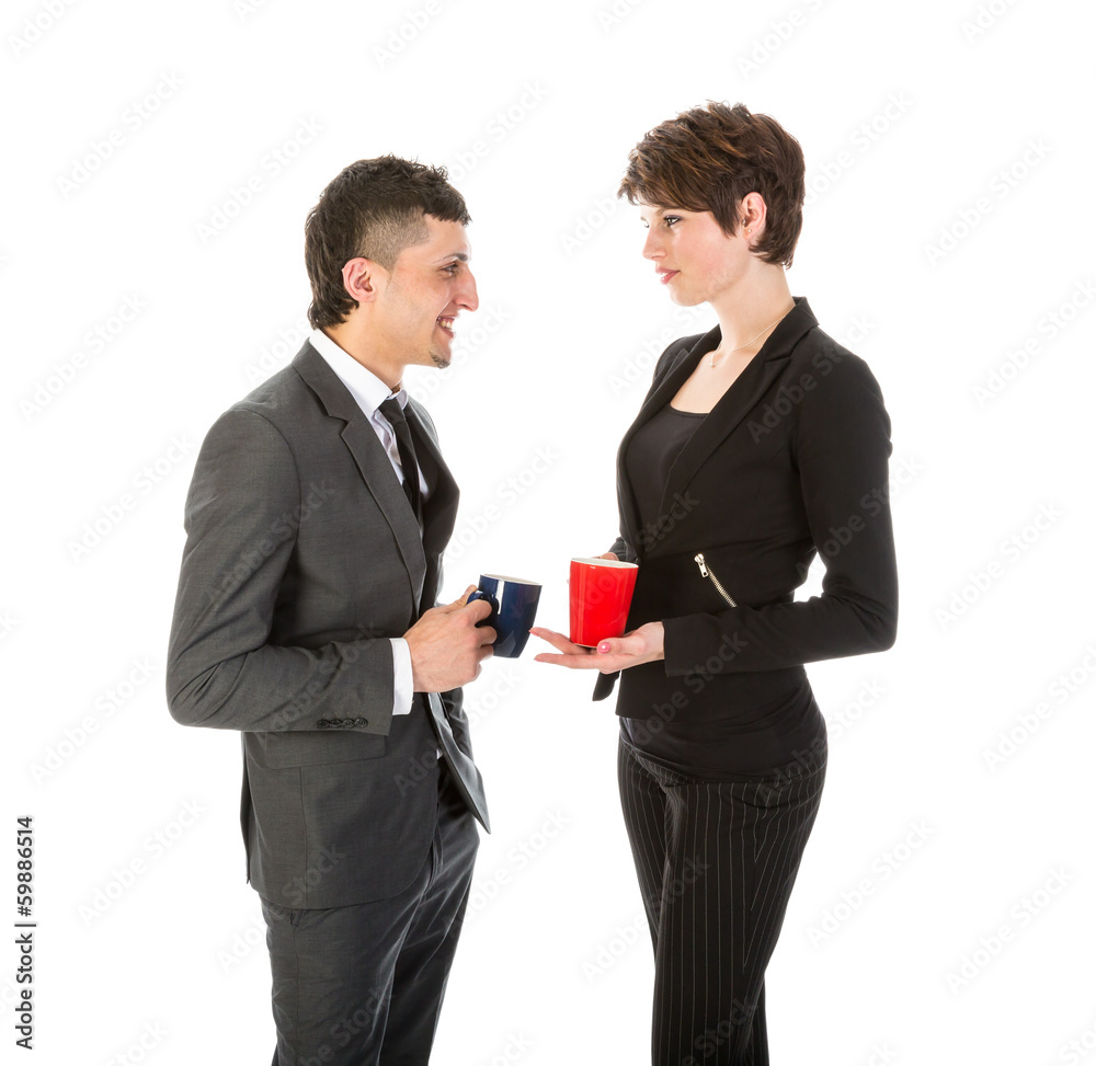 Businessman and woman having a break with a cup of coffee Businessman and woman having a break with a cup of coffee