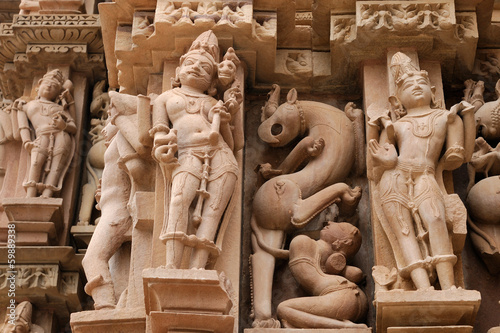 Indian religious symbols on temples in Khajuraho photo
