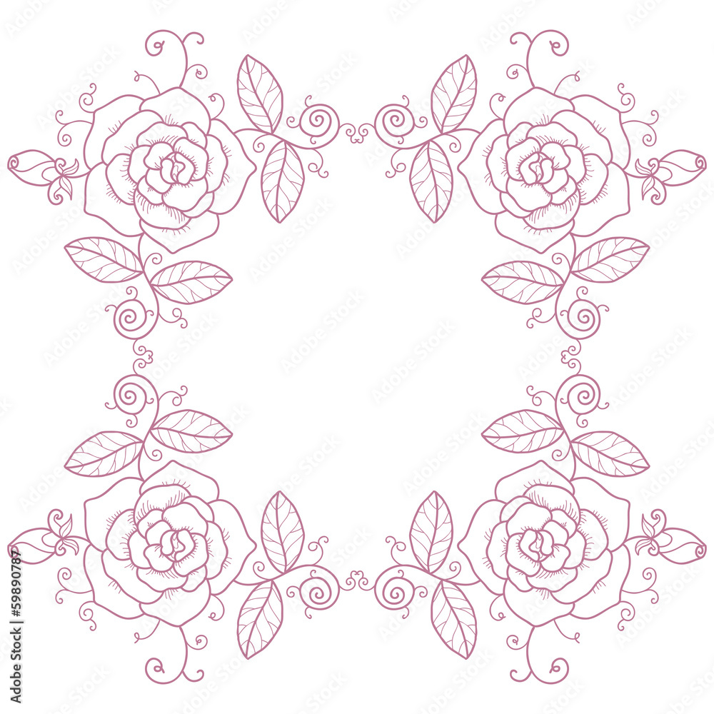 Delicate vignette with roses and swirls on a white background