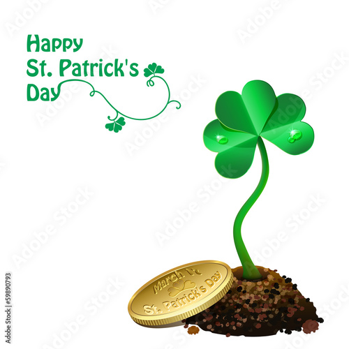 Gold coin on pile of soil and leaf clovers. Happy St. Patrick's