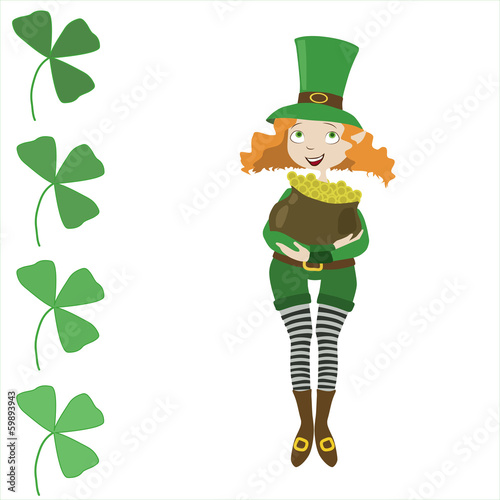 girl leprechaun dressed as St. Patrick with pot and clover