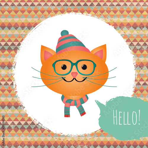 Vector Hipster Cat greeting card design illustration