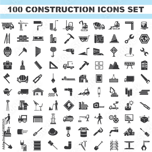construction icons set, 100 icons, engineering tools icons