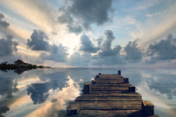 Fotobehang Pier Verlaten pier in zacht landschap  © beawolf