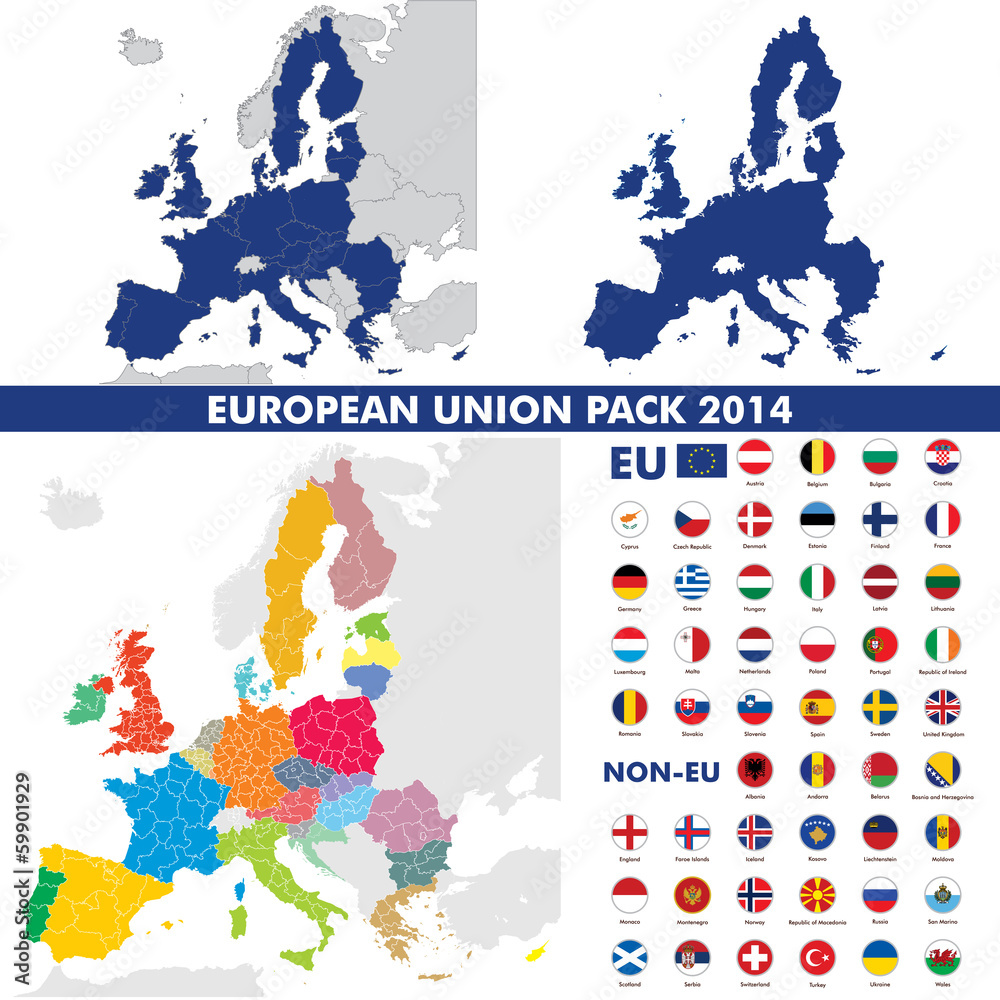 Fototapeta premium European union map and flags pack, Weltkarte Landkarte