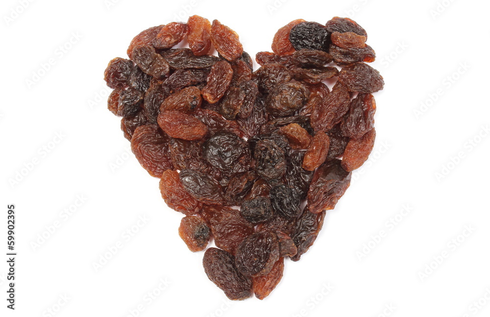 Heart of raisins isolated on white background Heart of raisins isolated on white background