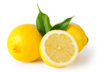 Crédence de cuisine Fruits Trois citrons jaunes avec feuilles vertes  © alexlukin