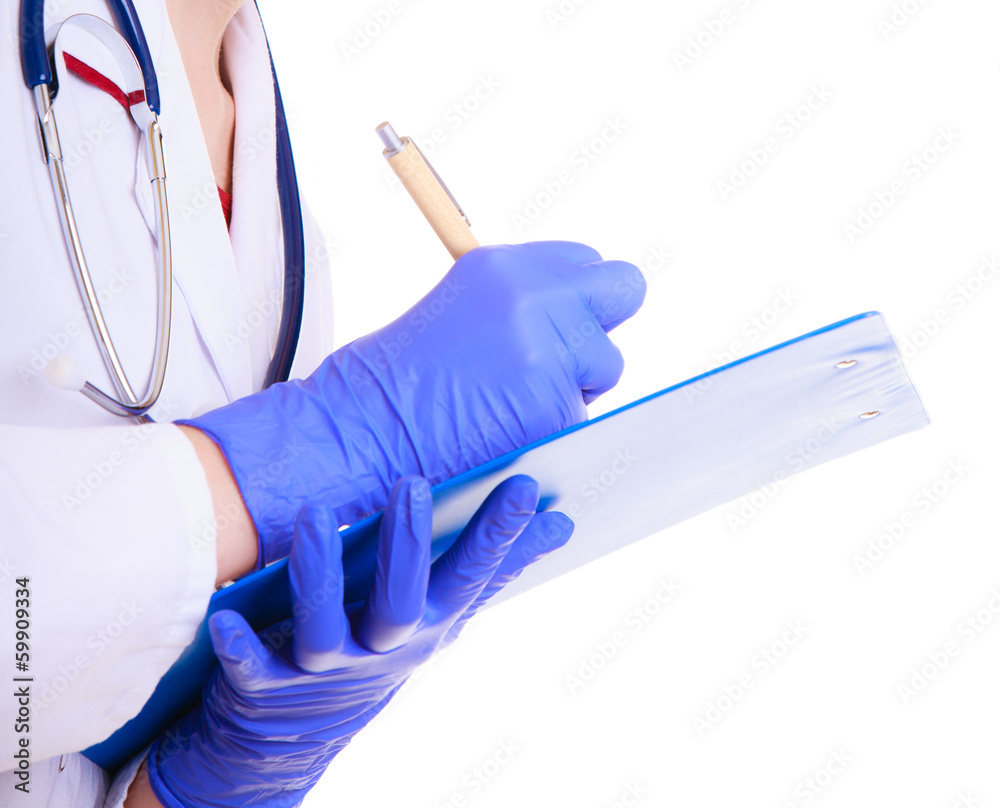 Part of female body. Doctor nurse writing on clipboard.