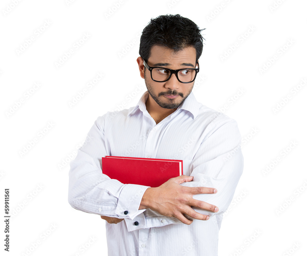 Shy, timid man, male student avoiding eye contact Shy, timid man, male student avoiding eye contact