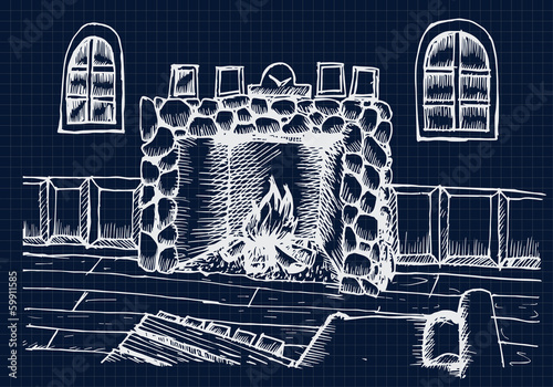 Hand drawing Interior Design for living room with fireplace