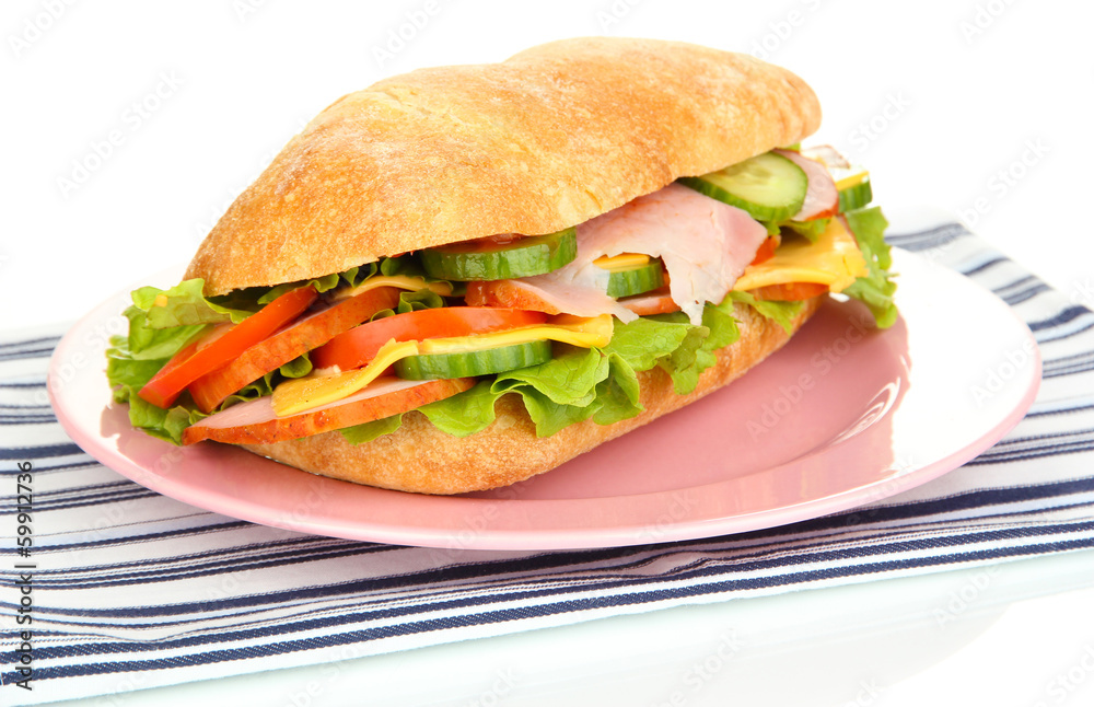 Fresh and tasty sandwich with ham and vegetables isolated Fresh and tasty sandwich with ham and vegetables isolated