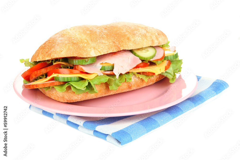 Fresh and tasty sandwich with ham and vegetables isolated Fresh and tasty sandwich with ham and vegetables isolated