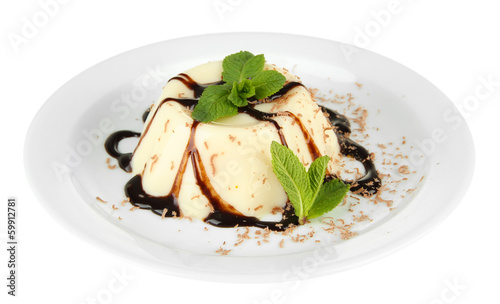 Panna Cotta with chocolate sauce, isolated on white