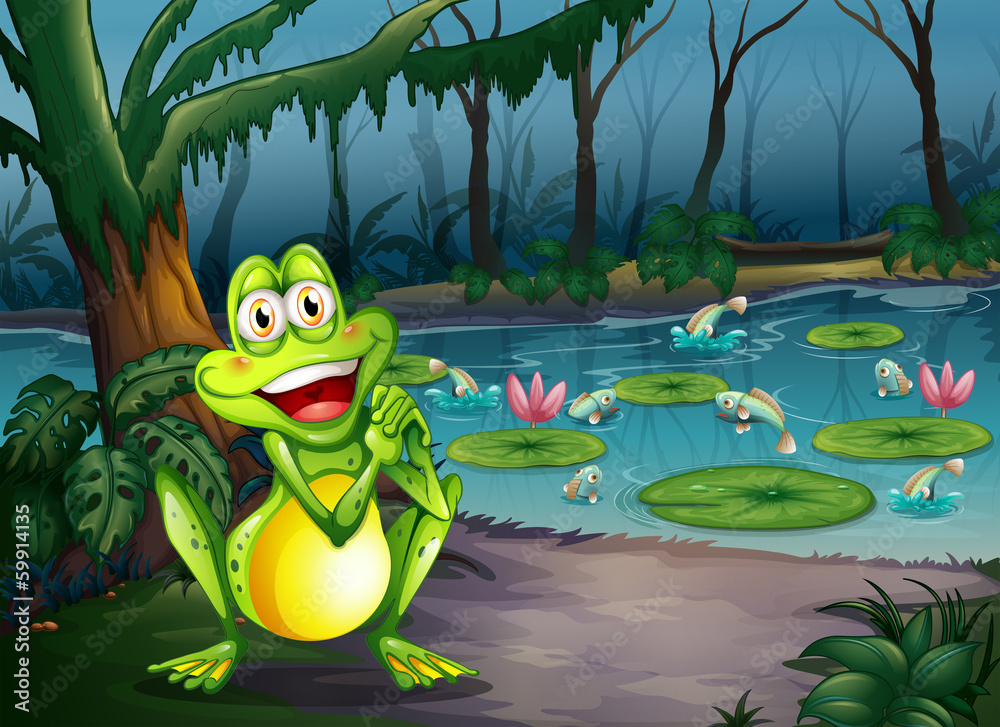 Obraz premium A playful frog at the forest standing near the pond