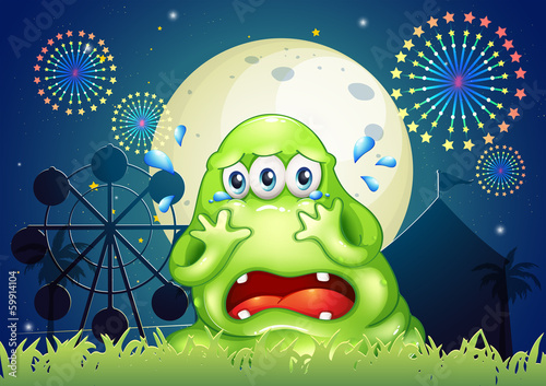 A three-eyed monster crying at the carnival