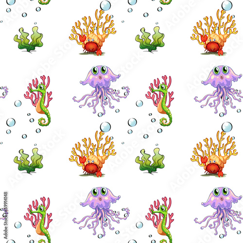 A seamless design showing the creatures under the sea