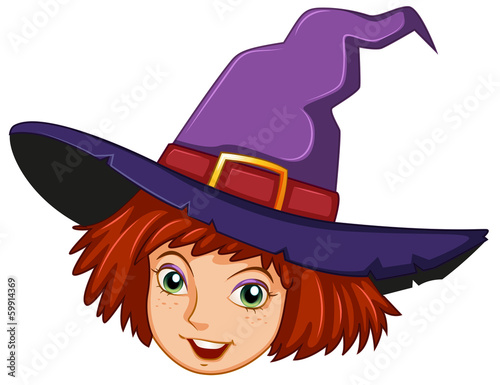 A smiling witch with a purple hat