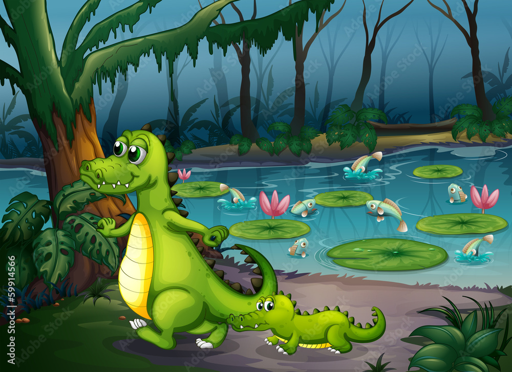 Fototapeta premium A forest with a pond, crocodiles and fishes