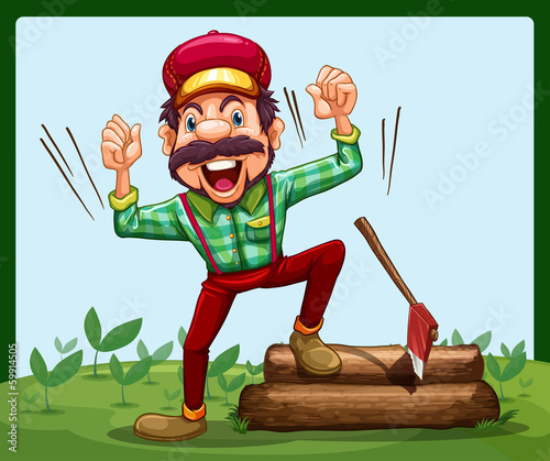 A happy lumberjack stepping on a log with axe